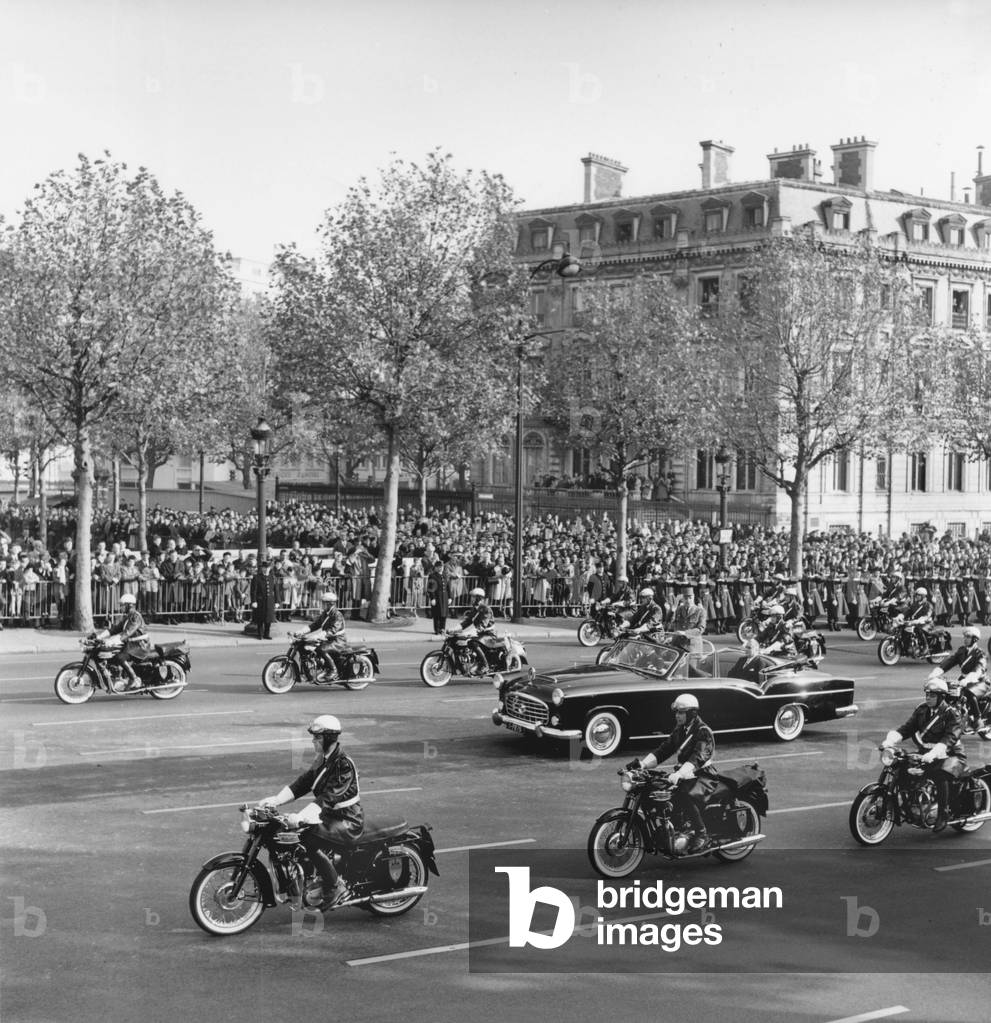 French President Charles De Gaulle, With Personal Head of Staff (Future Prime Minister) Georges Pompidou, Durig Parade on The Champs Elysees Avenue in 1961, Aboard A Simca Presidential Cabriolet Morev 1958 Car , Escorted By Army Motorcyclists of The Presidential Guard (b/w photo)