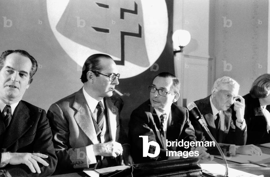 Meeting of Right Wing Movement Rpr Candidates To Legislative Elections : Michel Debre Gilles Labbe Jacques Chirac Jerome Monod and Roger Frey January 12, 1978 (b/w photo)