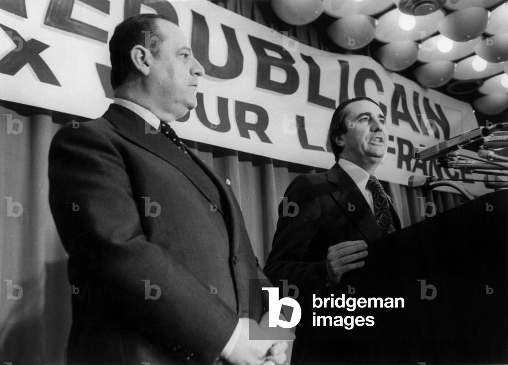 Jean-Pierre Soisson (L) and Raymond Barre, French Prime Minister, Presenting Candidates For Legislative Elections, Paris, January- 16, 1978 (b/w photo)