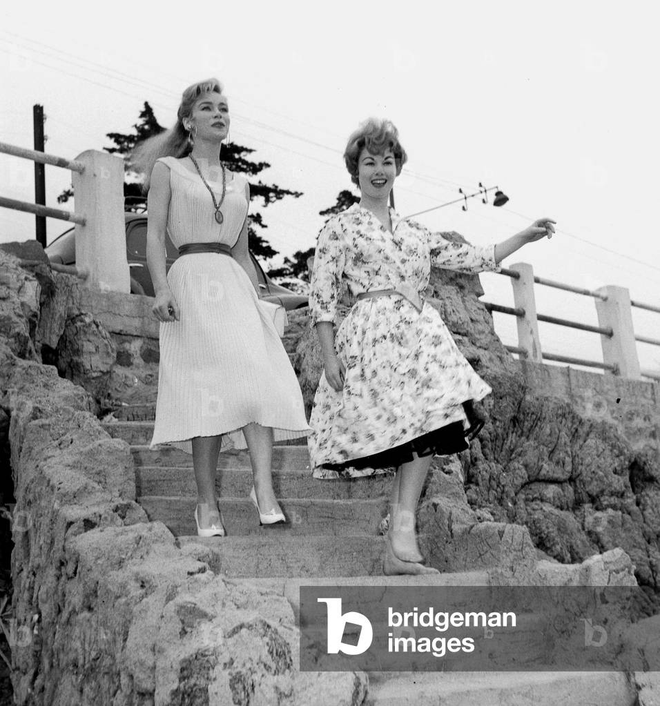 French Actresses Estelle Blair and Nadine Tallier Future Nadine De Rothschild at Cannes Film Festival May 9, 1958 (b/w photo)