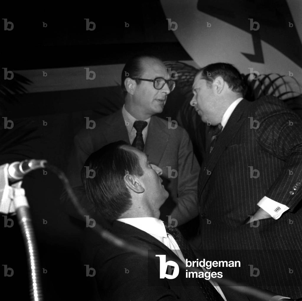 Jacques Chirac, Charles Pasqua and Jacques Monod at Meeting of The Leaders of The Rpr (Rally For The Republic) in Paris, December 20, 1976 (b/w photo)