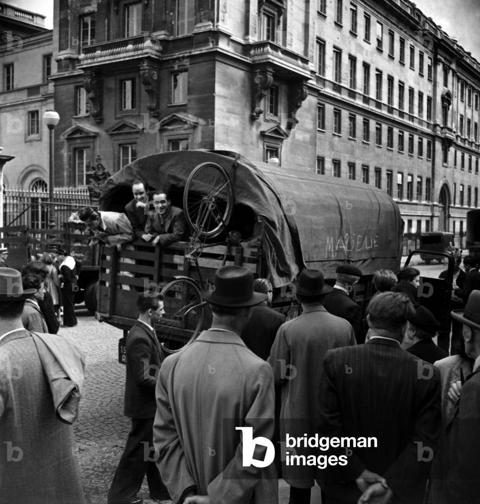 Strike of French Railways in France June 8, 1947 : here People Are Carried By Trucks (b/w photo)