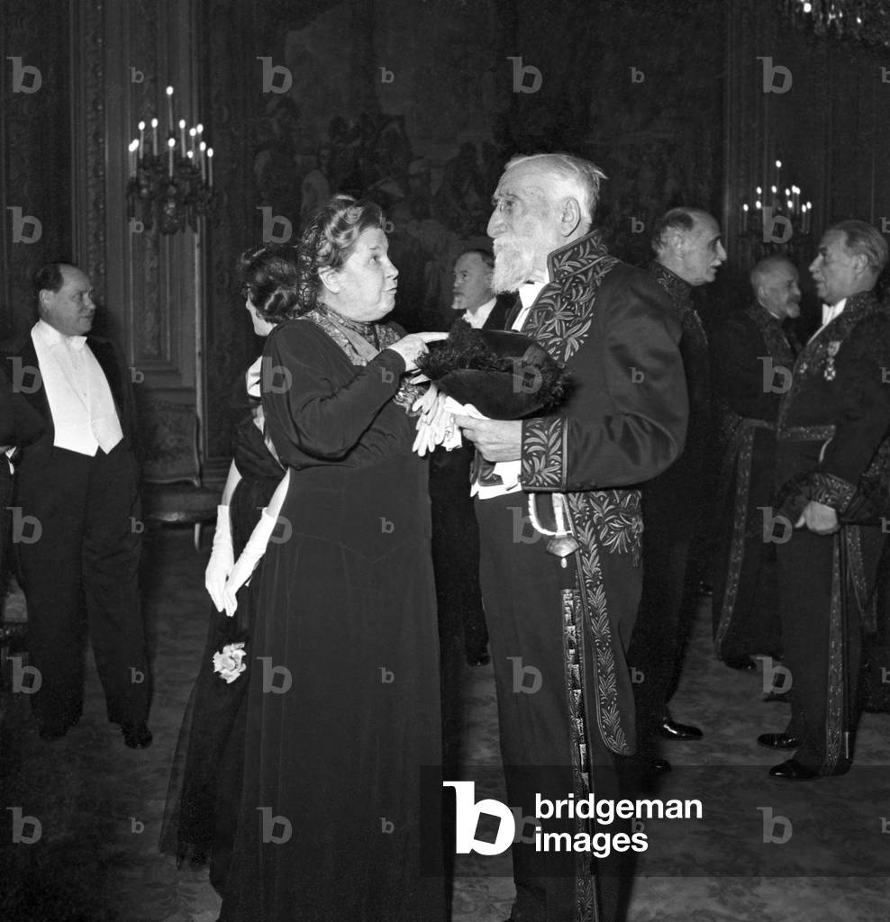 Reception at The Elysee, Paris, March 17, 1949 of The State Bodies : French Writers Camille Marbo and Georges Lecomte (b/w photo)