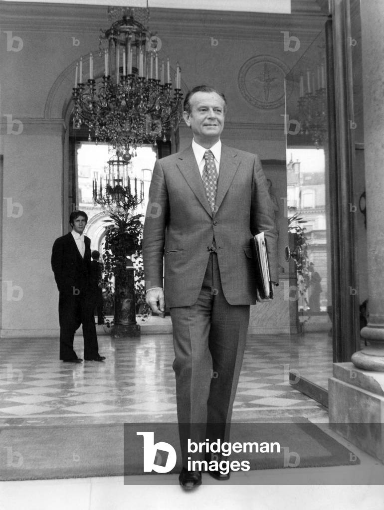 Jean Lecanuet, Minister of Justice, Leaving Elyseee Palace After Council of Ministers on August 7, 1974 (b/w photo)