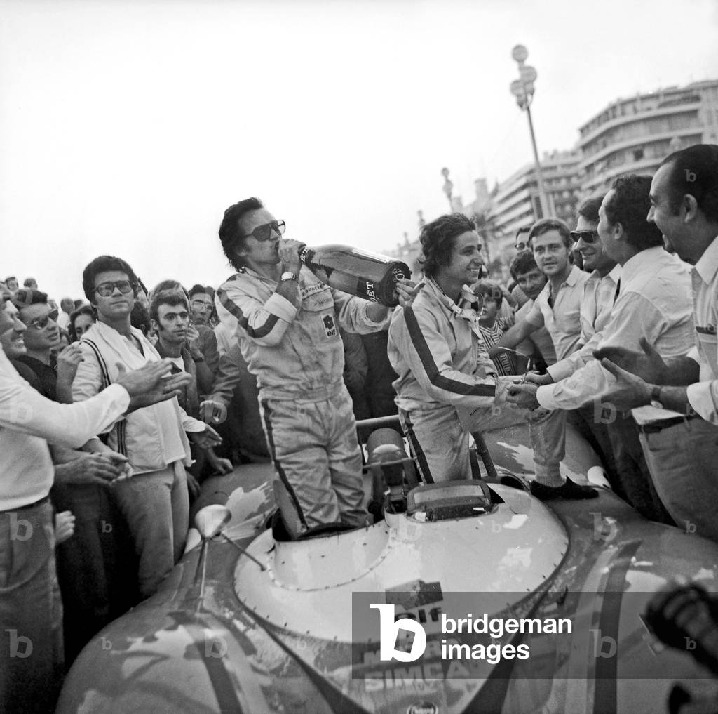 Tour De France Automobile, September 28, 1970 : in Nice (French Riviera) Arrival of Winners Jean Pierre Beltoise and Jean Todt (b/w photo)