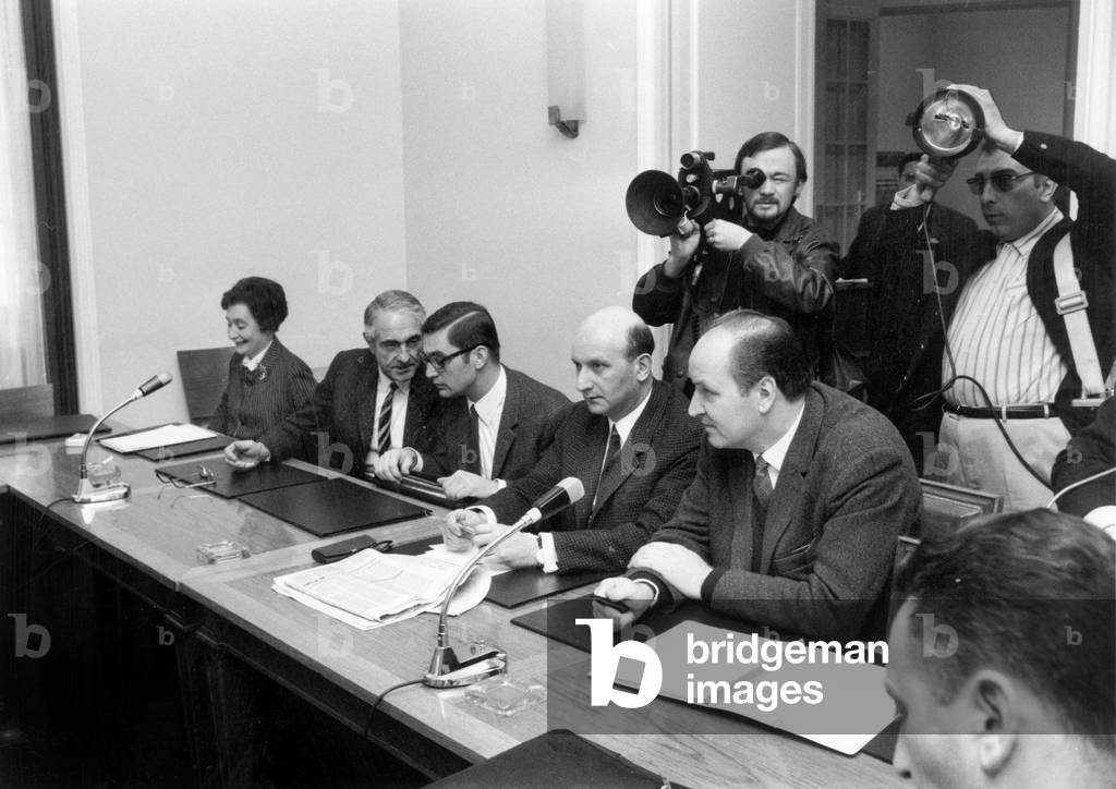 In The Center Is Henri Krasucki of The Cgt Left Wing Trade Union Among Other Trade Union Representatives Durig Meeting Between Trade Unions and Chairmen of The National Council of French Employers About Monthly Basis Salaries Issues April 20, 1970 (b/w photo)