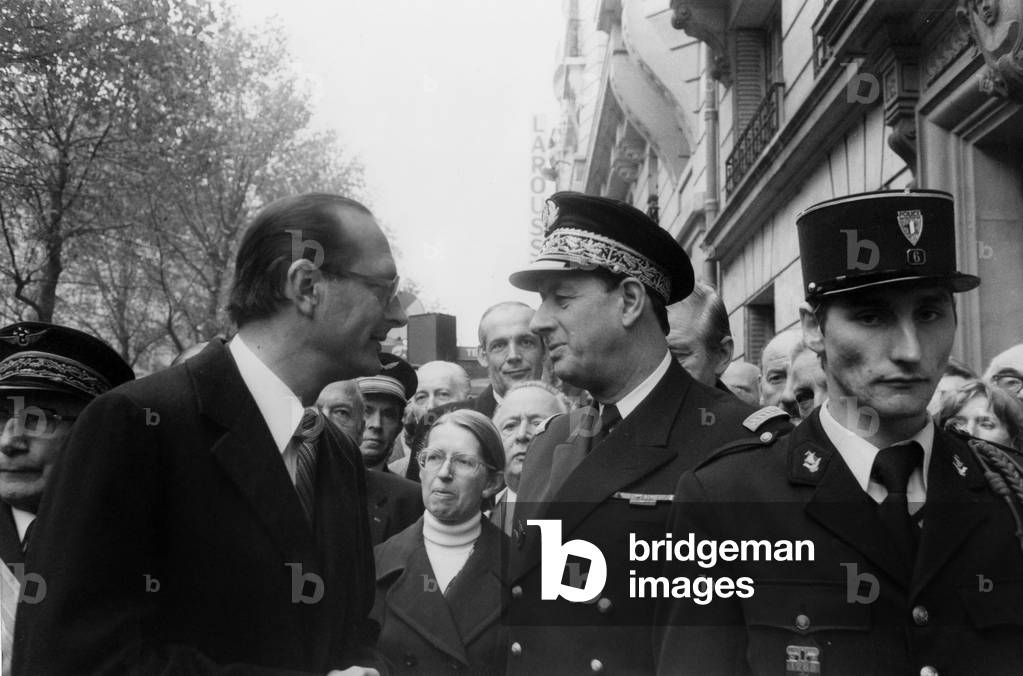 Jacques Chirac and the Commedore Philippe De Gaulle Inaugurating Slab To Honour The Memory of Charles De Gaulle in Paris, November 10, 1978 (b/w photo)
