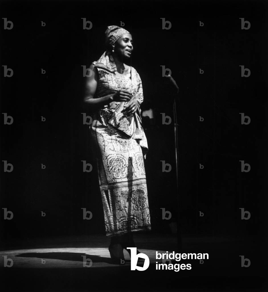 South African Singer Miriam Makeba on Stage at Olympia in Paris May 13, 1964 (b/w photo)