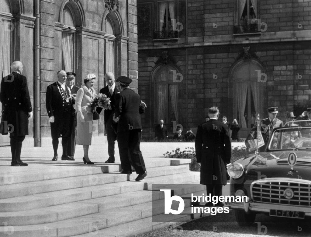 Queen Elizabeth Ii of England in Versailles, France, April 8, 1957 (b/w photo)