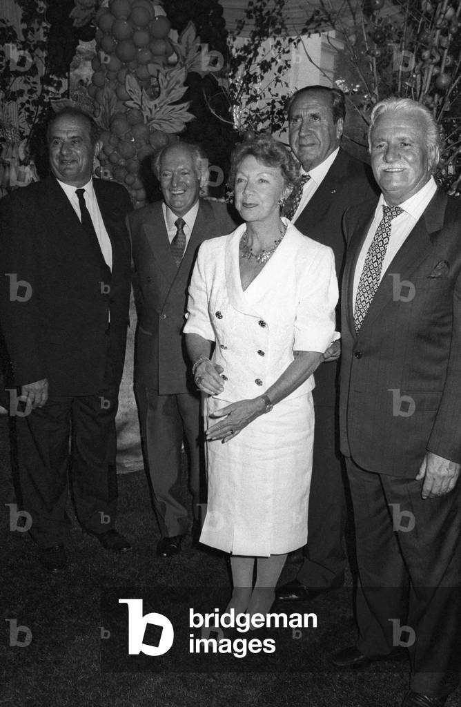 French pastry cook Gaston Lenotre with his wife Colette celebrating his birthday (70) on may 23, 1990. On l : Paul Bocuse (photo)