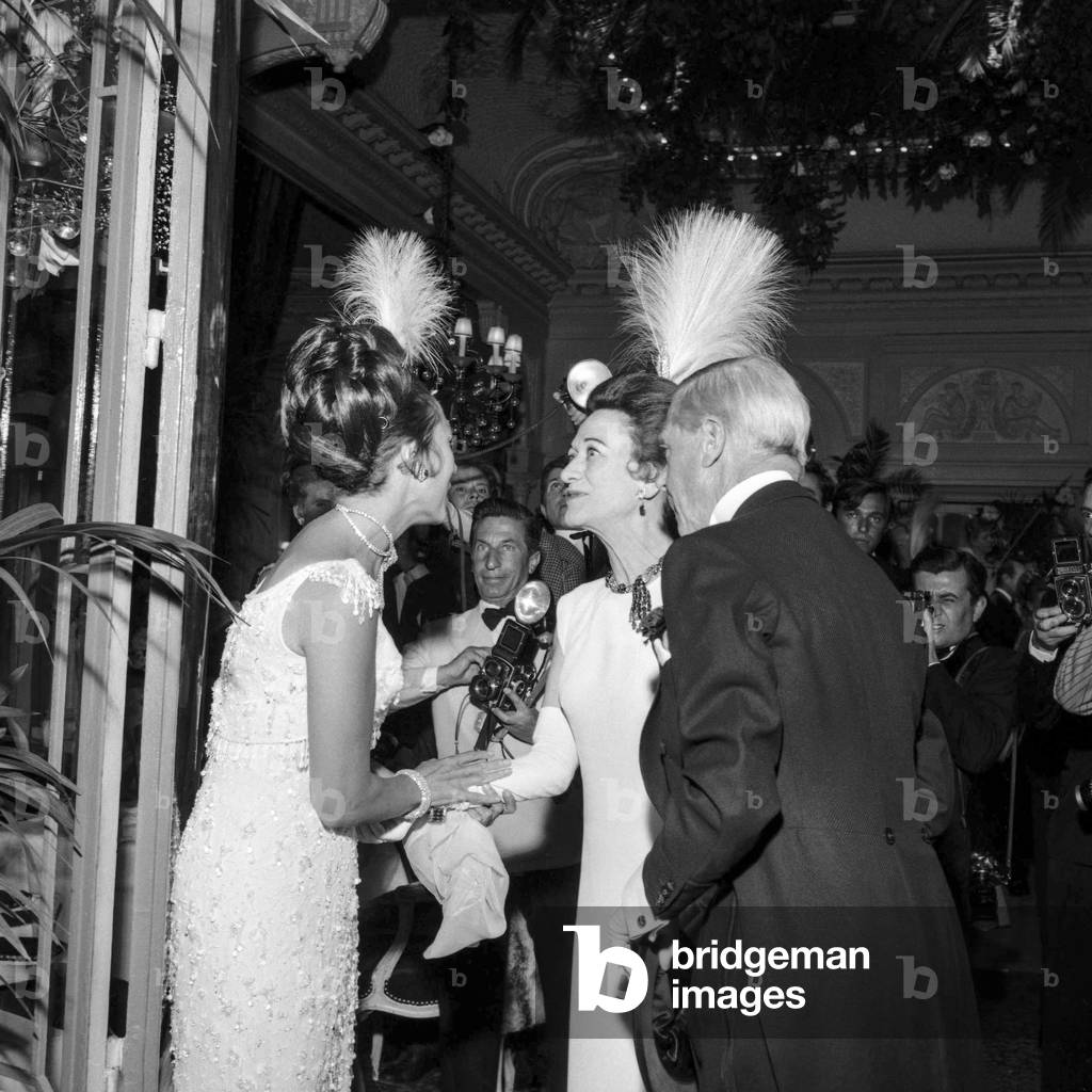 The Duchess of Windsor (Wallis Simpson) and the Duke of Windsor (former Edward VIII) arriving at a dressed up party organized by Helene Rochas, Paris, June 23, 1965 (theme : 