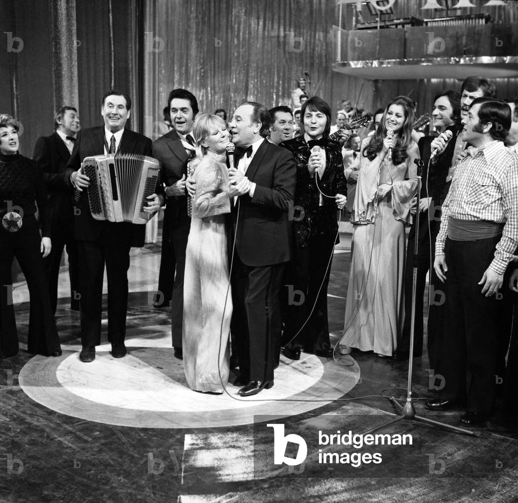 Tino Rossi celebrating the 40 years of his career with Mick Micheyl, Edouard Duleu, Andre Verchuren, Petula Clarck, Singer Monty, Sheila, Laurent Rossi, Singer Antoine, during a French TV Programme 