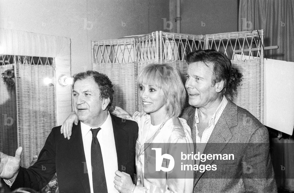 Pierre Mondy, Mireille Darc, Jean Piat after premiere of her play 