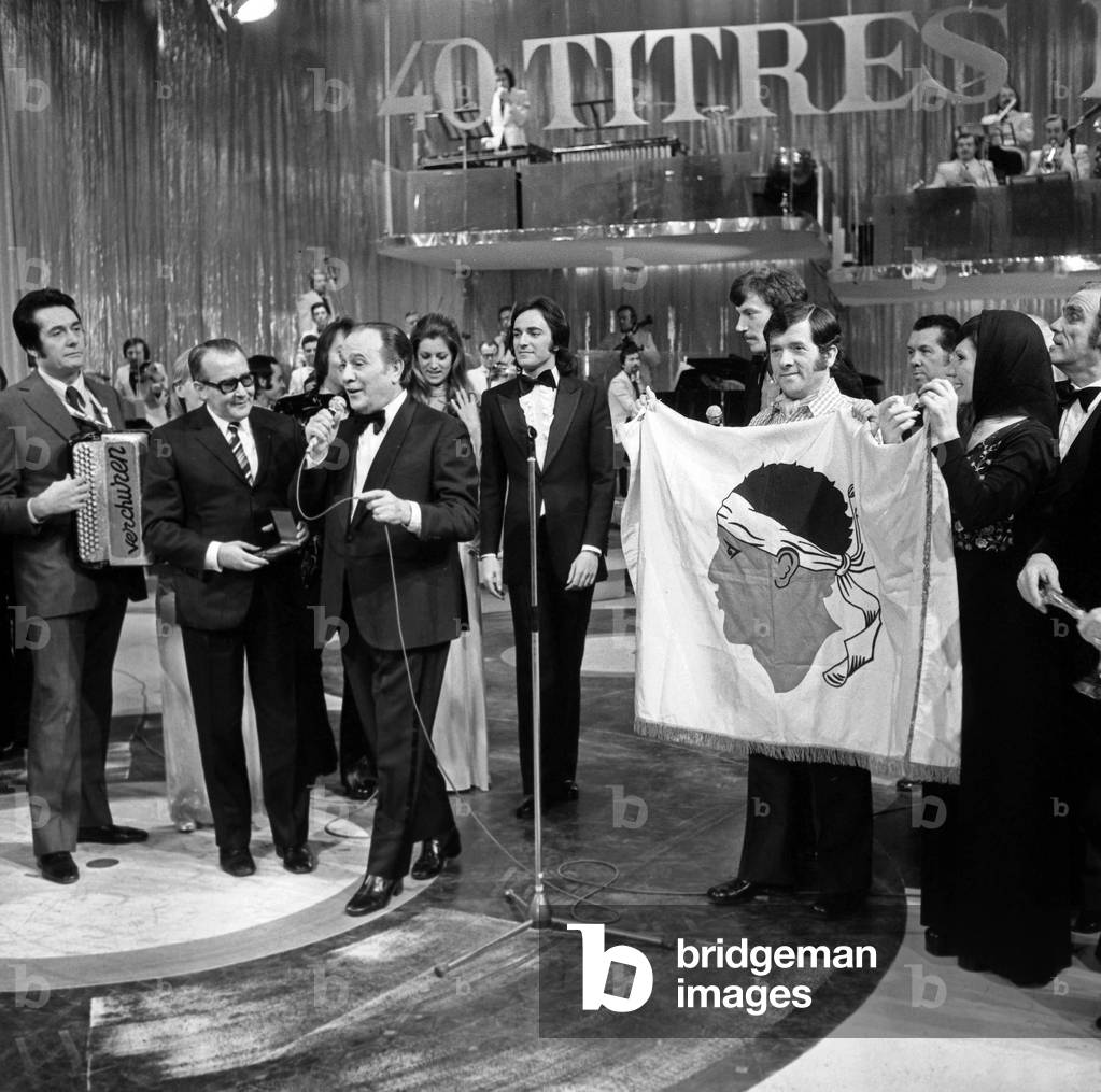 Tino Rossi celebrating the 40 years of his career with Andre Verchuren (Corsican Mayor), Tino Rossi, Sheila, Laurent Rossi, French Singer Antoine, during a French TV Programme 