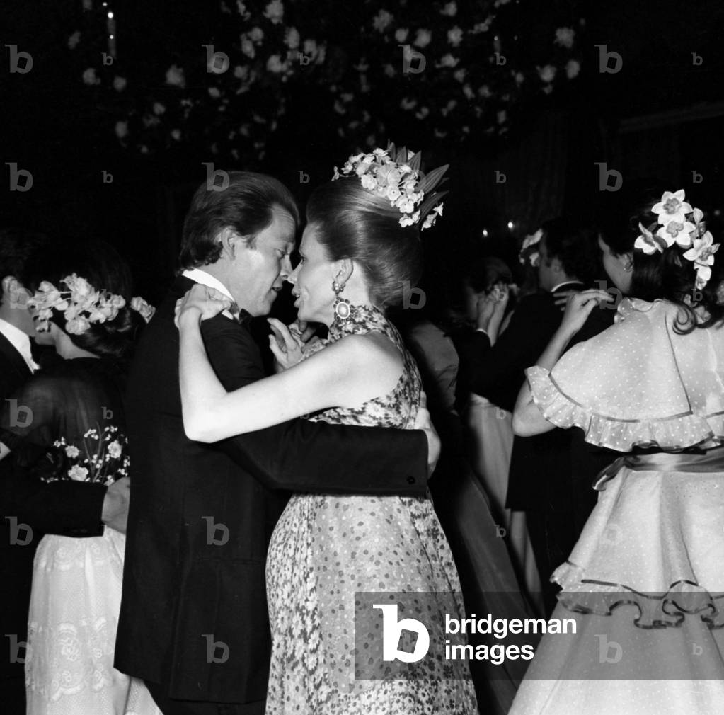 Prince Jacques of France Duke of Orleans (son of Count-of-Paris) and his wife Gersende de Sabran Ponteves Duchess of Orleans at a Gala, 1 July 1972 (photo)
