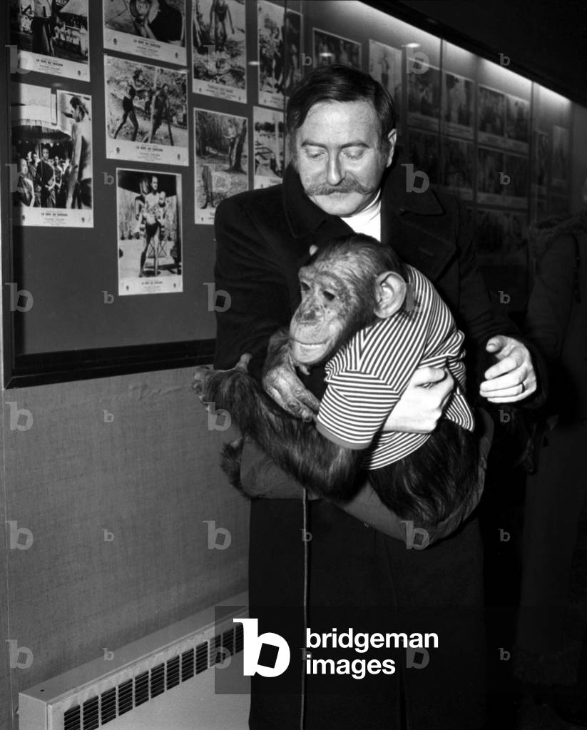 French writer Jacques Lanzmann with a monkey of election of 