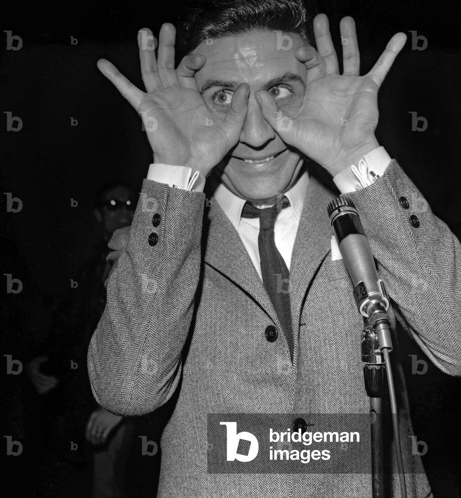 French singer Gilbert Becaud rehearsing at the Olympia, Paris, November 14, 1967 (b/w photo)