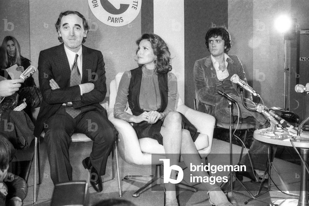Charles Aznavour and Raquel Welch in Paris, 1976 (b/w photo)