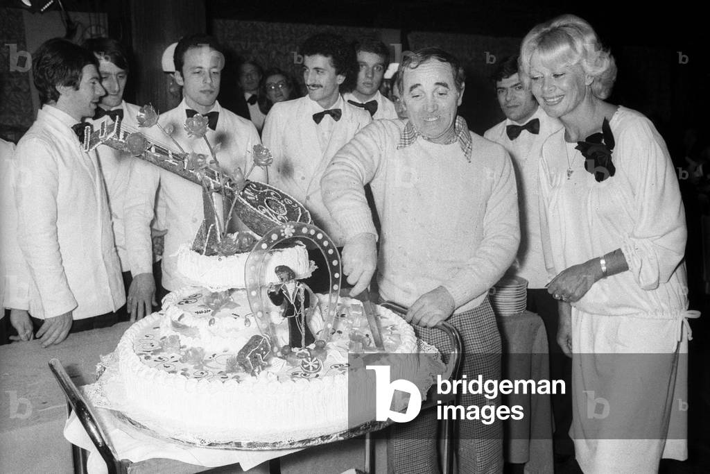 Charles Aznavour at the Stars' Gala in Crans sur Sierre (Switzerland) on January 8, 1977 (b/w photo)