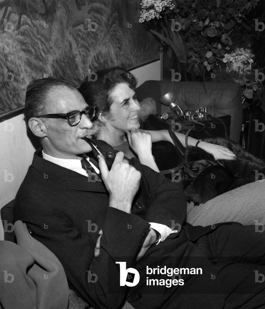 Arthur Miller and his wife Inge Morath at the Premiere of his play 