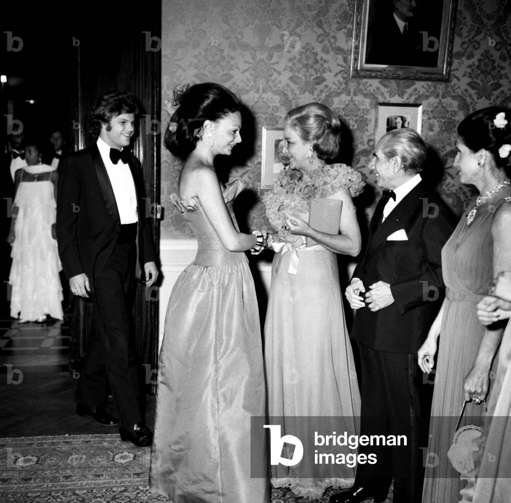 Antenor Patino and his wife Maria Cristina de Borbon y Bosch-Labrus saluting a guest at the Gala given by the Patinos at Cercle Interallie, Paris, 1 July 1972 (photo)