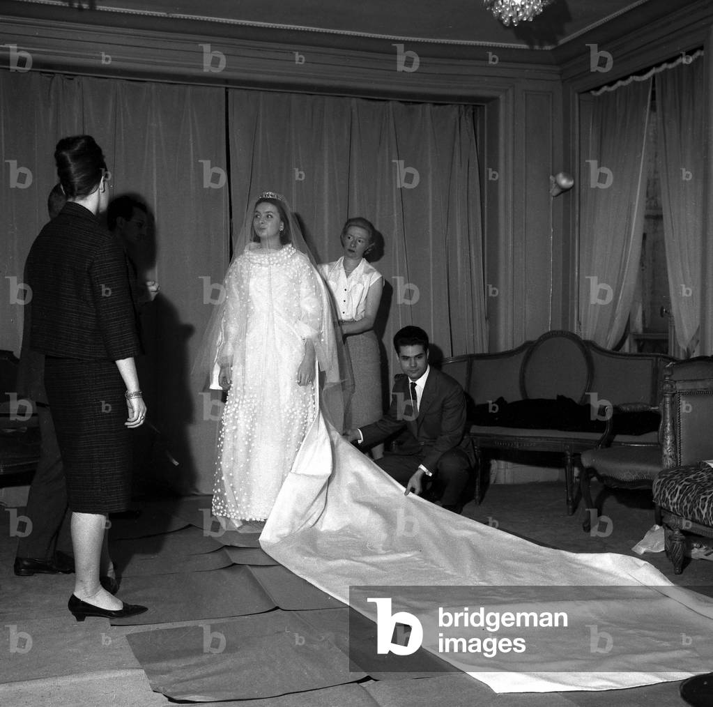 Princess Caroline Murat fitting her wedding dress three days before her wedding with Yves (Count of Parcevaux), Paris, 15 December 1962 (photo)