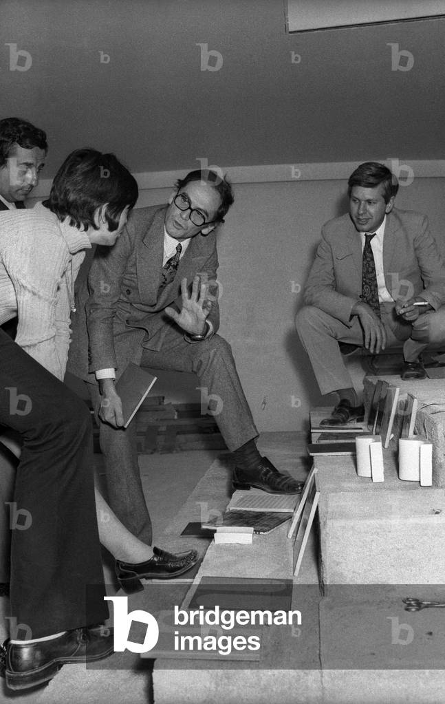 Pierre Cardin during the building of the Espace Cardin, Paris, 1970 (b/w photo)