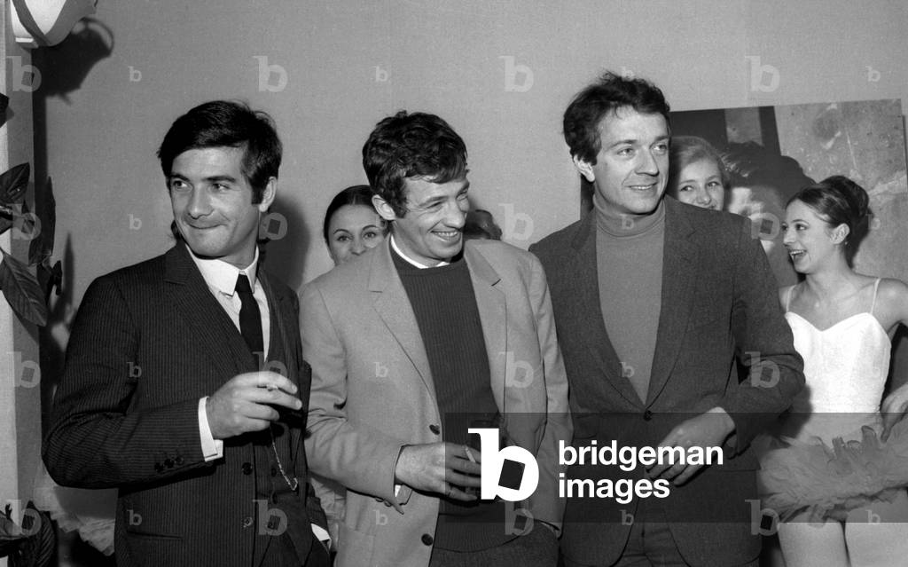 French Actors Jean-Claude Brialy, Jean-Paul Belmondo and Jean-Pierre Cassel at a meeting for the Gala of the Artists, Paris, 22 February 1966 (photo)