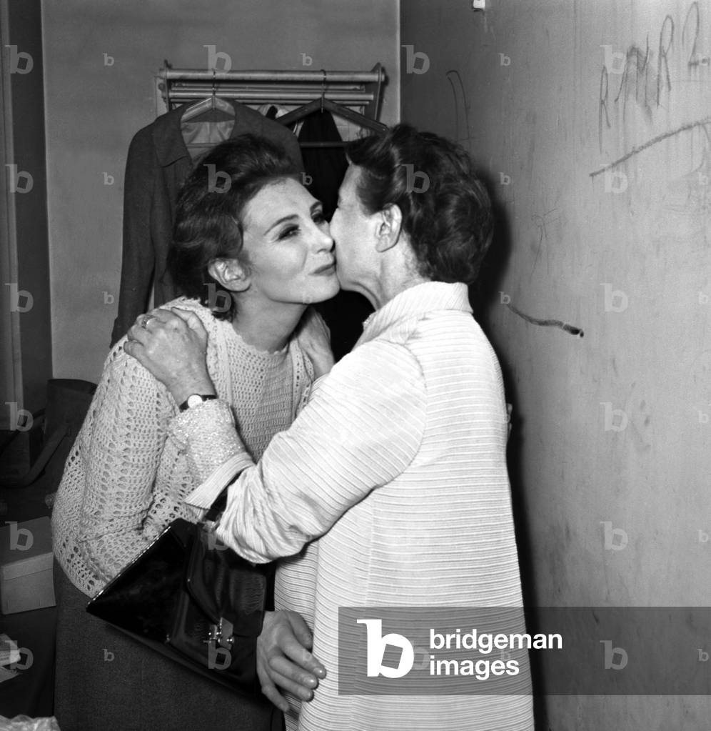 French writer Simone de Beauvoir congratulating the actress Nathalie Nerval after performance of the play 