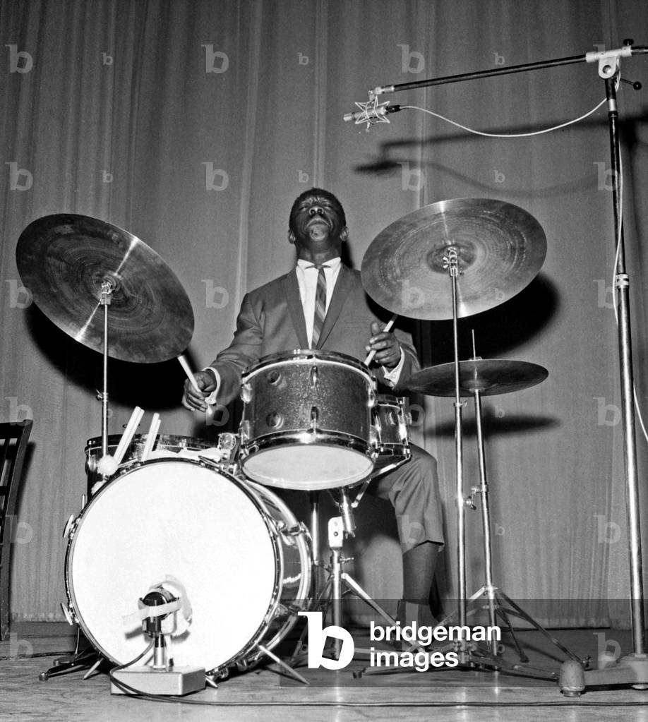 Art Blakey (1919-1990) black american jazzman drummer aka Abdulah Ibn Buhaina, Paris, 27 February 1965 (photo)