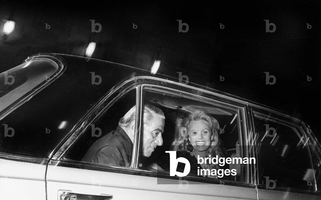 Aristote Onassis and Actress Odile Rodin leaving Maxim's Restaurant, Paris, 1 September 1972 (photo)
