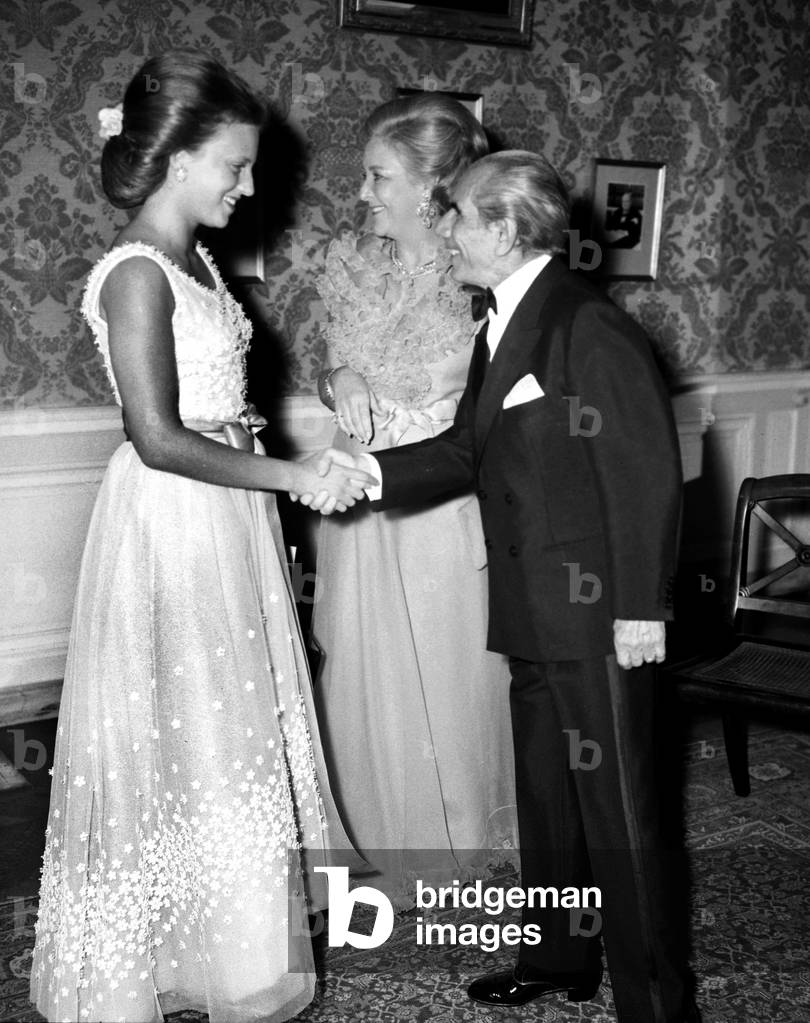 Princess Marie-Christine of Belgium saluting Mr Patino (behind : Mrs Patino Maria Cristina de Borbon y Bosch-Labrus) at a Gala given by the Patinos at the Cercle Interallie, Paris, 1 July 1972 (photo)