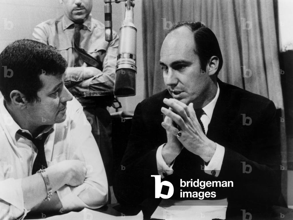 Prince Karim Aga Khan Iv With Journalist Jean-Pierre Farkas during Radio Program on Rtl June 9, 1968 (b/w photo)