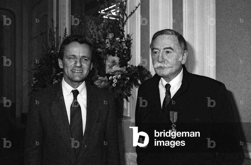 French politician Alain Carignon and French writer Jacques Lanzmann after he received the medal of the National Order of Merit, 25 February 1988 (photo)