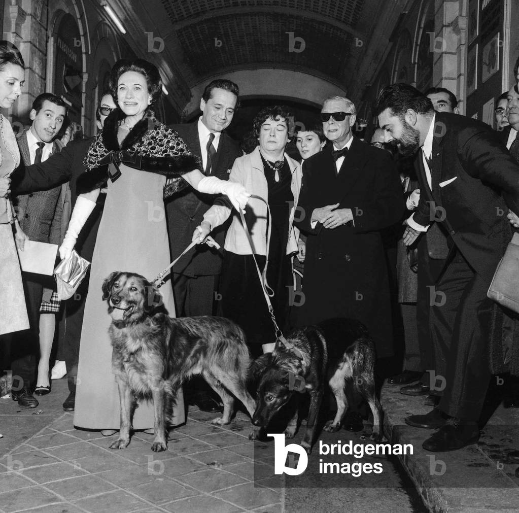 The Duchess of Windsor (Wallis Simpson) and the Duke of Windsor (former Edward VIII) at the Christmas for animals, Paris, December 8, 1965 (b/w photo)