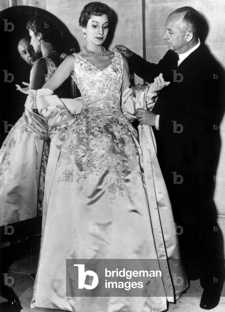 French Couturier Christian Dior With One of his Models in October 1954 (b/w photo)
