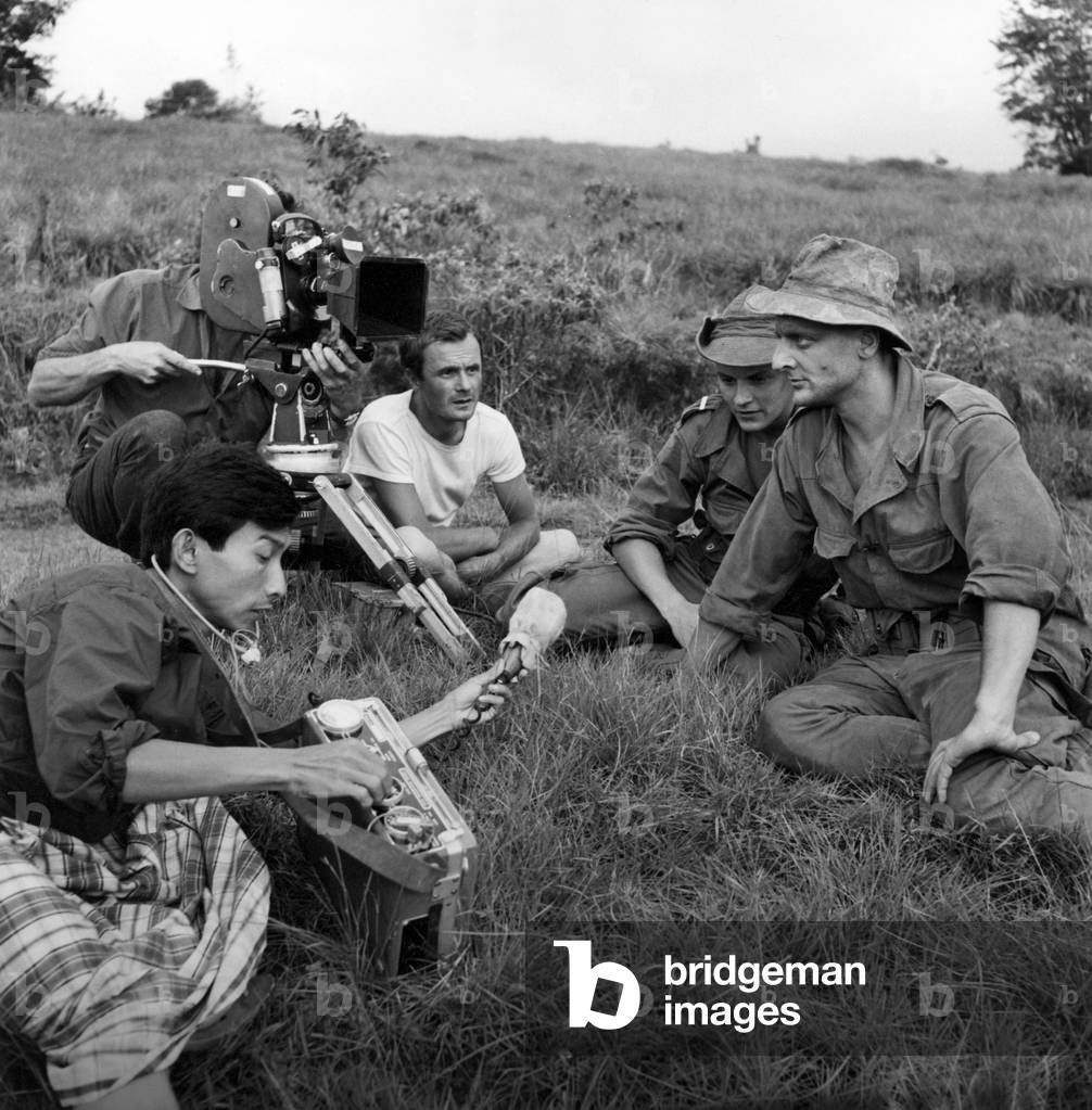 Pierre Schoendoerffer, Jacques Perrin and Bruno Cremer on set of the 317th platoon, 1965 (photo)