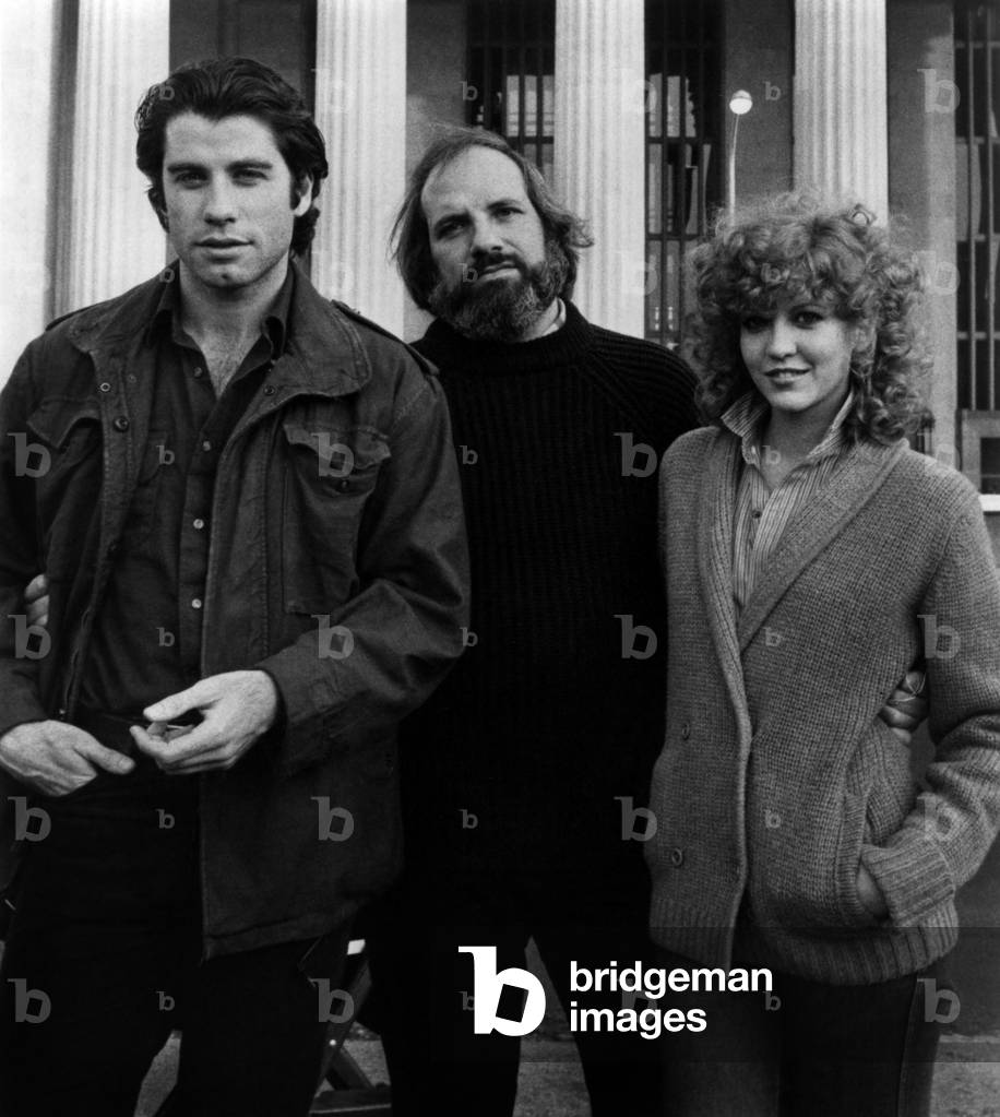 John Travolta, Brian de Palma and Nancy Allen on the set of Blow Out, 1981 (b/w photo)