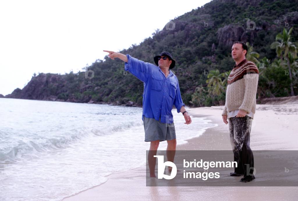 Robert Zemeckis and Tom Hanks on set of  CAST AWAY, 2000 (photo)