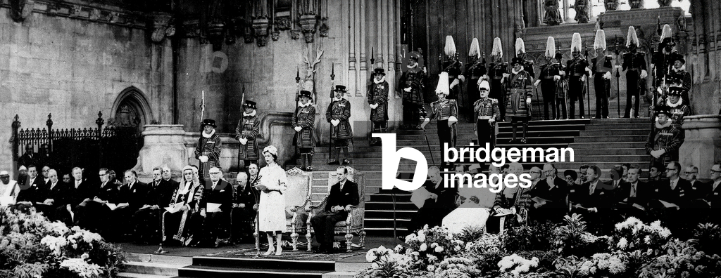 Elizabeth II at the opening ceremony of Commonwealth, 1961 (b/w photo)