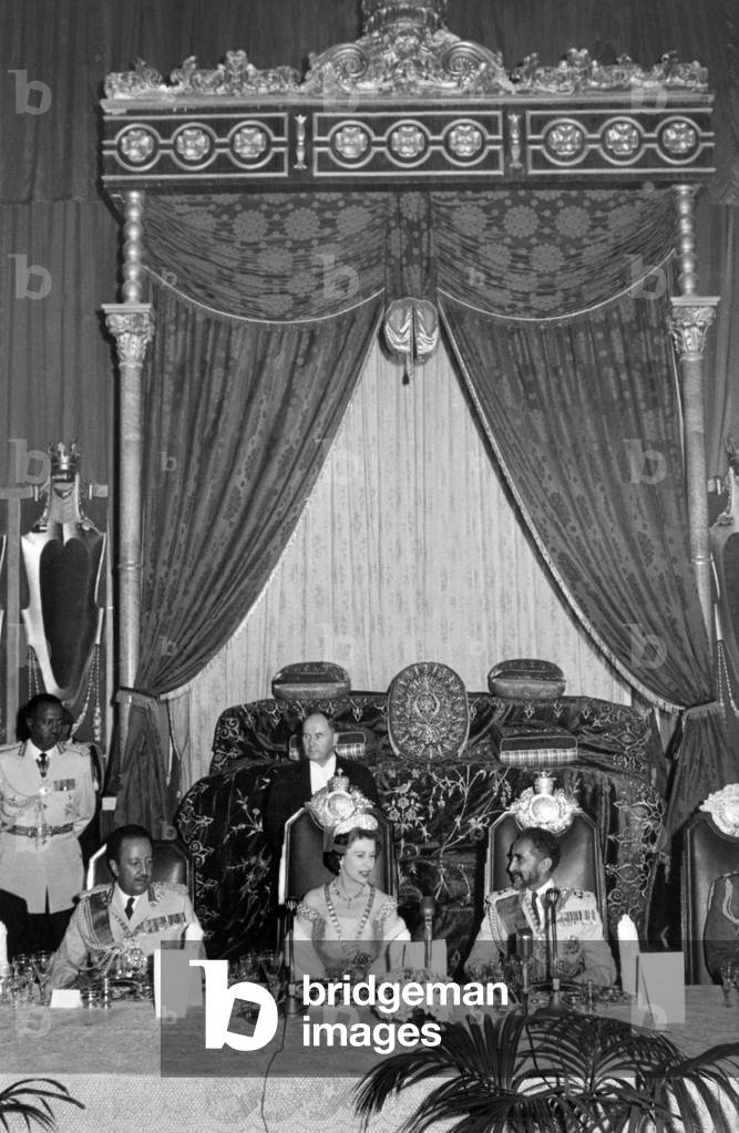 Queen of England Elizabeth II in state visit in Ethiopia, 1965 (b/w photo)