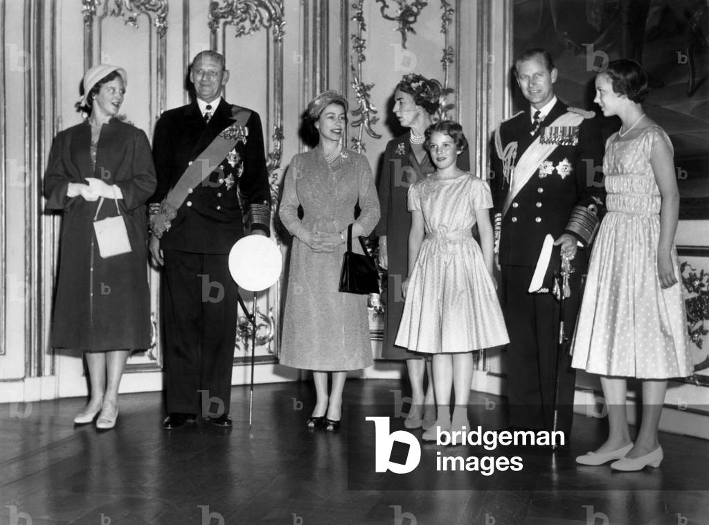 Queen Elizabeth II on official visit to Denmark in 1957 (b/w photo)