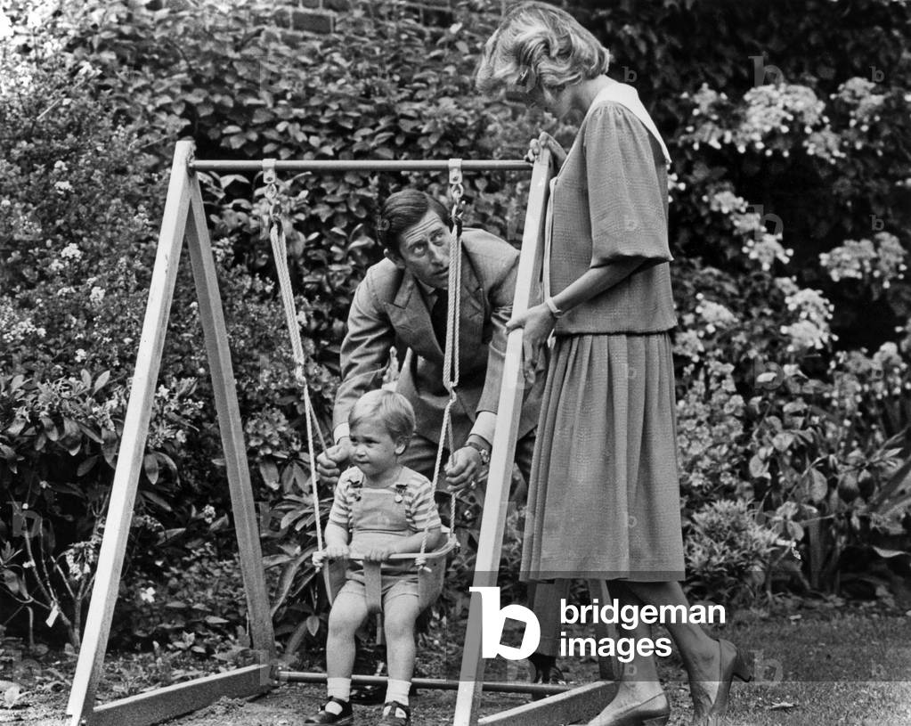 Prince william with his dad prince Charles and his mum lady Diana, 1984 (b/w photo)