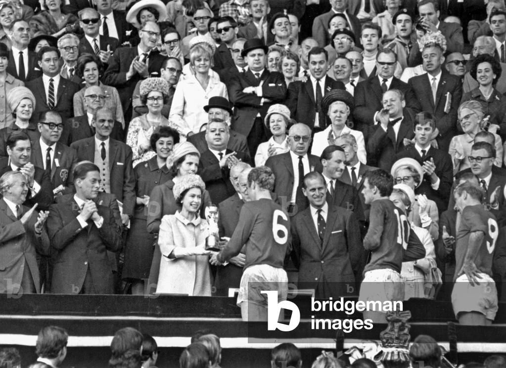 Elizabeth II of England at Wembley Stadium, Londn, 1966 (b/w photo)