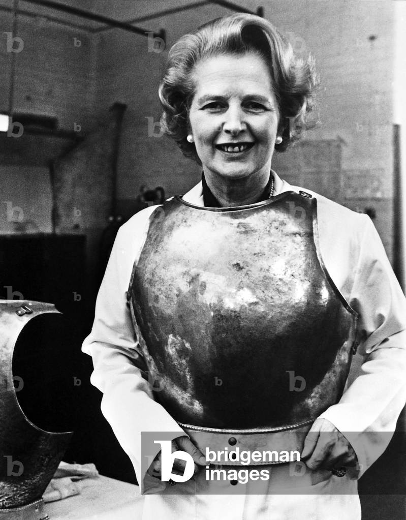 Margaret Thatcher wearing armour made for her by engineering students in Coventry. September 11 1978.