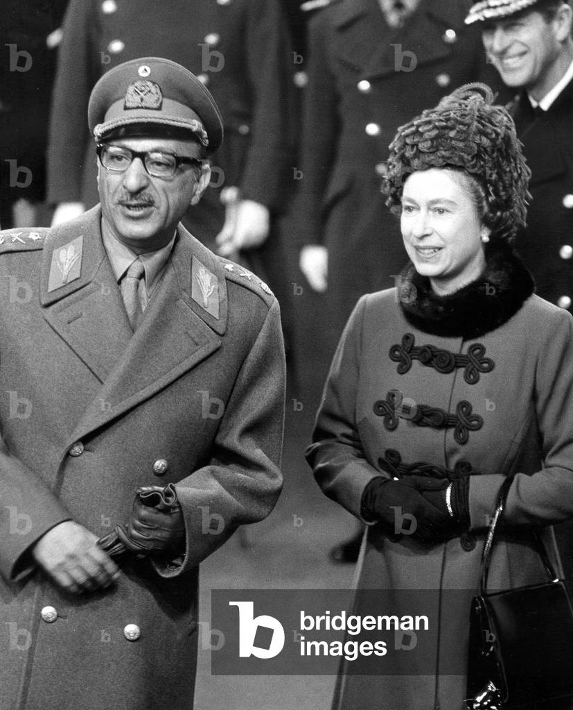 Queen Elizabeth II and king Mohamed Zaher Shah of Afghanistan,London, 1971 (b/w photo)