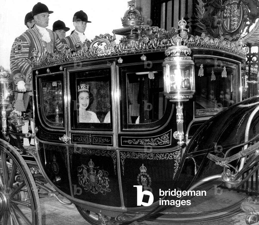 Queen Elizabeth II on the way to the Opening ceremony of Parliament, 1964 (b/w photo)