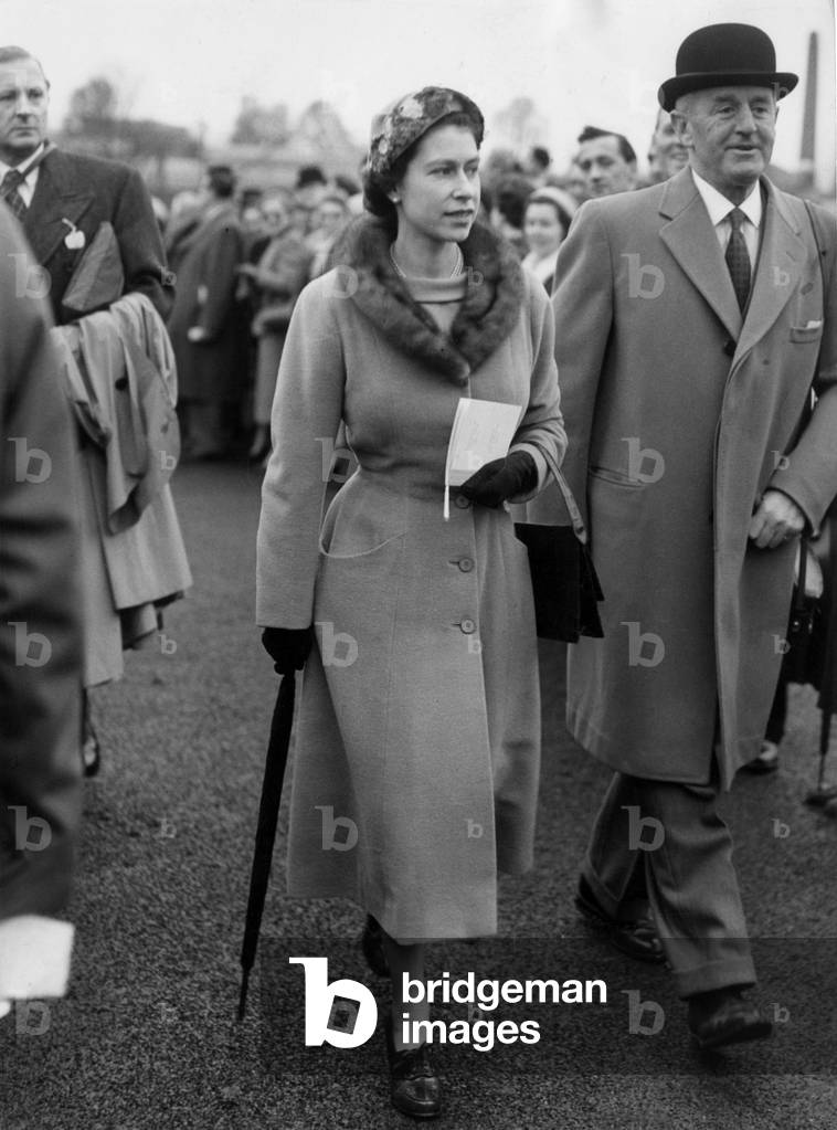 Queen Elizabeth II at a horse race, March 9, 1957 (b/w photo)