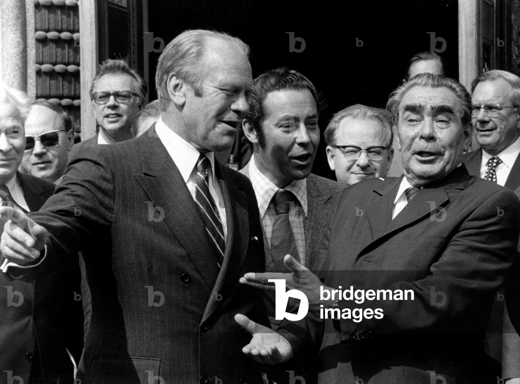 Gerald Ford American President and Leonid Brejnev Soviet Leader, on July 30, 1975 at Conference on Security and Cooperation in Helsinki (b/w photo)