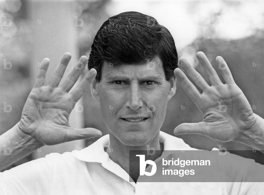 Magus Uri Geller Showing his Hands, C. 1990 (b/w photo)